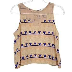 LUSH Aztec Print Cropped Top Scalloped Back Button Down Geometric Tan Blue Sz M